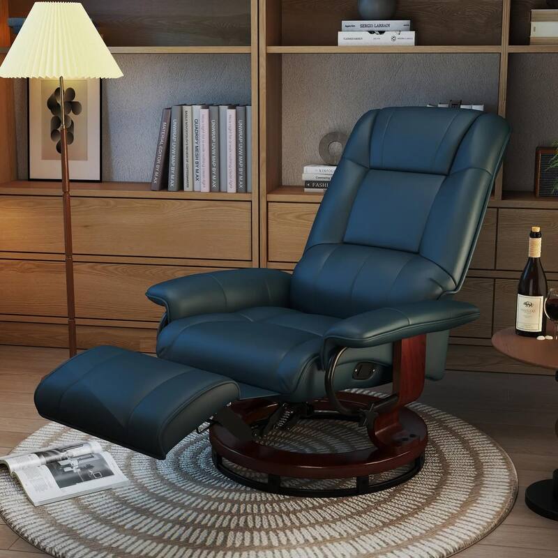 Faux Leather Recliner Chair, Swivel Recliner with Footrest, Armrest - Blue