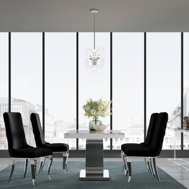 Glam Silver Dining Table Set with 64 inch Dining Table and Black Button Tufted Velvet Dining Chairs
