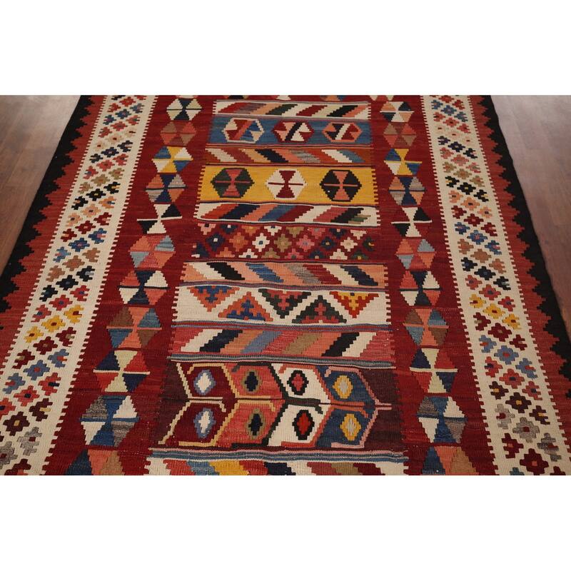 Vegetable Dye Red Kilim Qashqai Persian Vintage Hand-Woven Wool Carpet - 5'0"x 8'1"