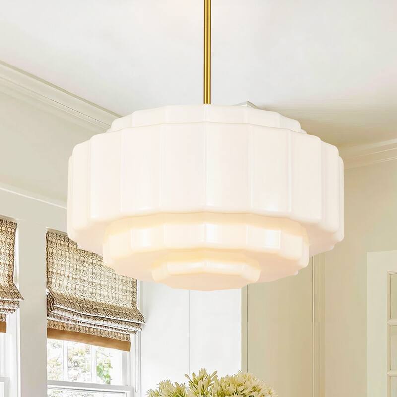 Rennnsan 3-Light Mid-Century Modern Brass Tiered Milk Glass Pendant for Dining Room - 15.7 in. W x 7.1 in. H