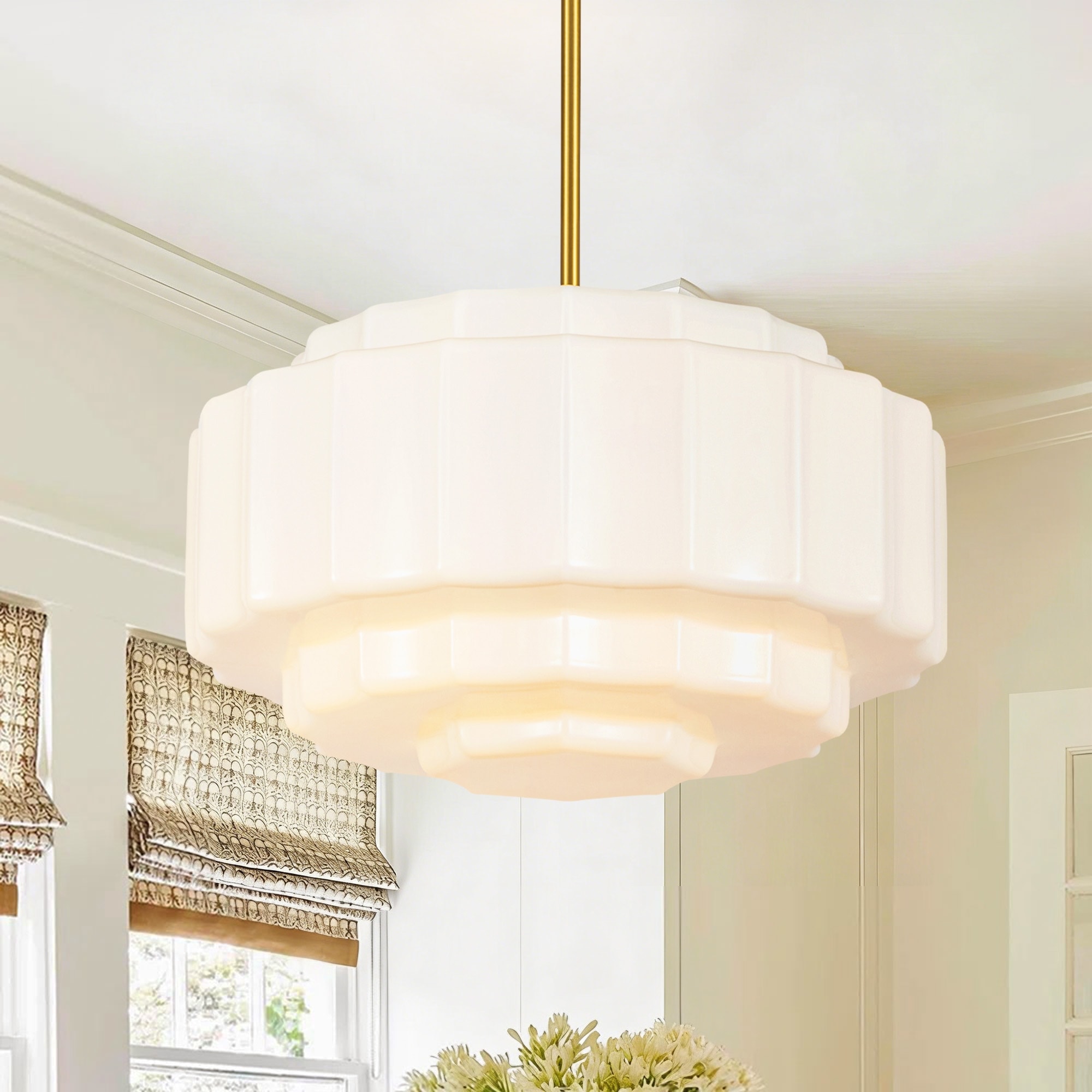 Rennnsan 3-Light Mid-Century Modern Brass Tiered Milk Glass Pendant for Dining Room - 15.7 in. W x 7.1 in. H