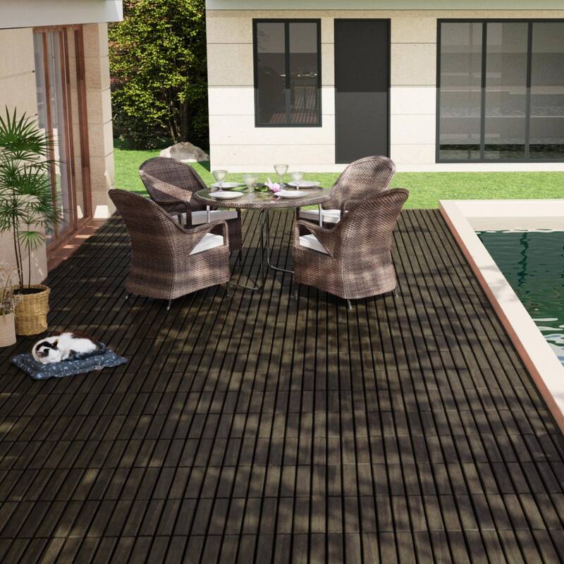 30 PCS Interlocking Deck Tiles Striped Pattern, 12" x 12" Dark Brown Square Acacia Hardwood Outdoor Flooring