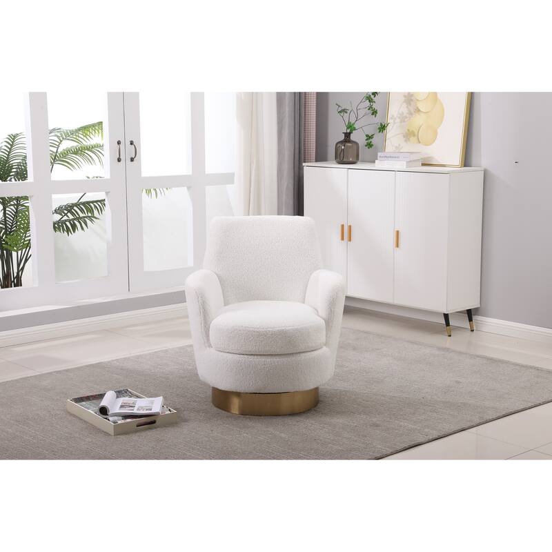 Ivory Faux Fur Modern 29.3" Upholstered Swivel Barrel Chair with Gold Stainless Steel Base