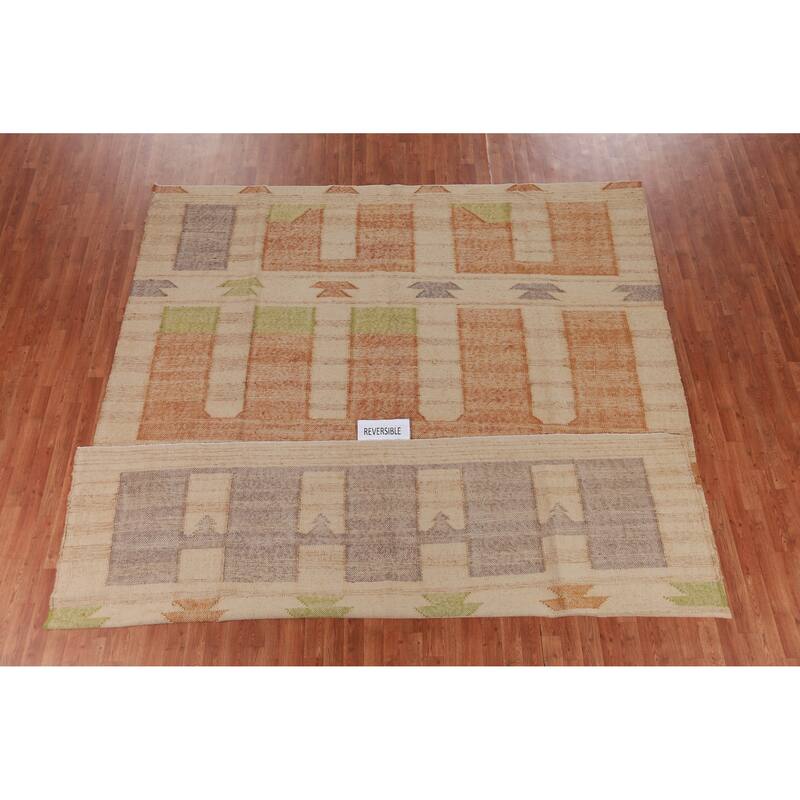 Hand Woven Oriental 100% Jute Carpet Southwestern Modern Beige & Ivories Kilim Area Rug - 11' 3'' X 9' 8''