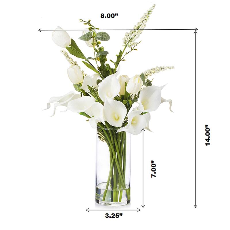 Enova Home Mixed Artificial Cream Real Touch Tulip and Lily Fake Silk Flowers Arrangement in Clear Glass Vase for Home Decor