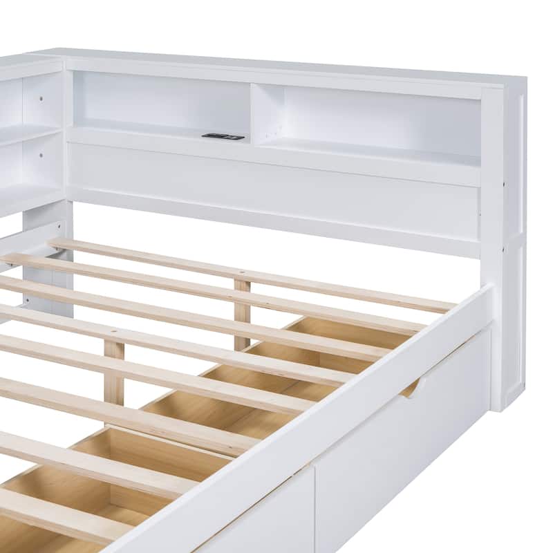 Wooden Full Size DayBed with 2 Drawers, Storage Shelf, and USB Charging Ports, White