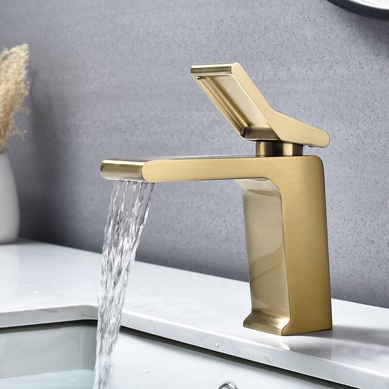 brushed gold single handle bathroom basin faucet with pop up overflow brass drain - 7'6" x 9'6"