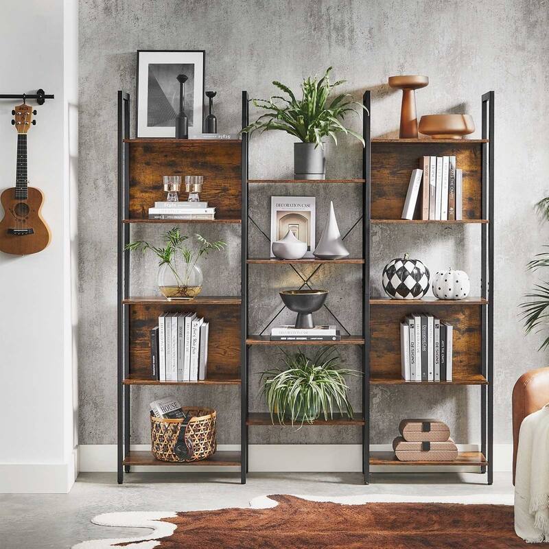 Triple Wide 5 Tier Bookshelf, Bookcase with 14 Storage Shelves, Metal Frame, Rustic Brown and Black - 62.2"L x 9.4"W x 65.4"H