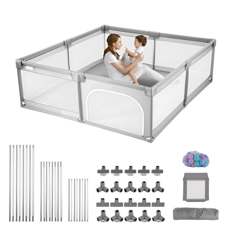 Grey Rectangular Large Baby Playpen with Mesh Sides for Toddlers 6-24 Months - 81.1” x 60.83” x 25.59”