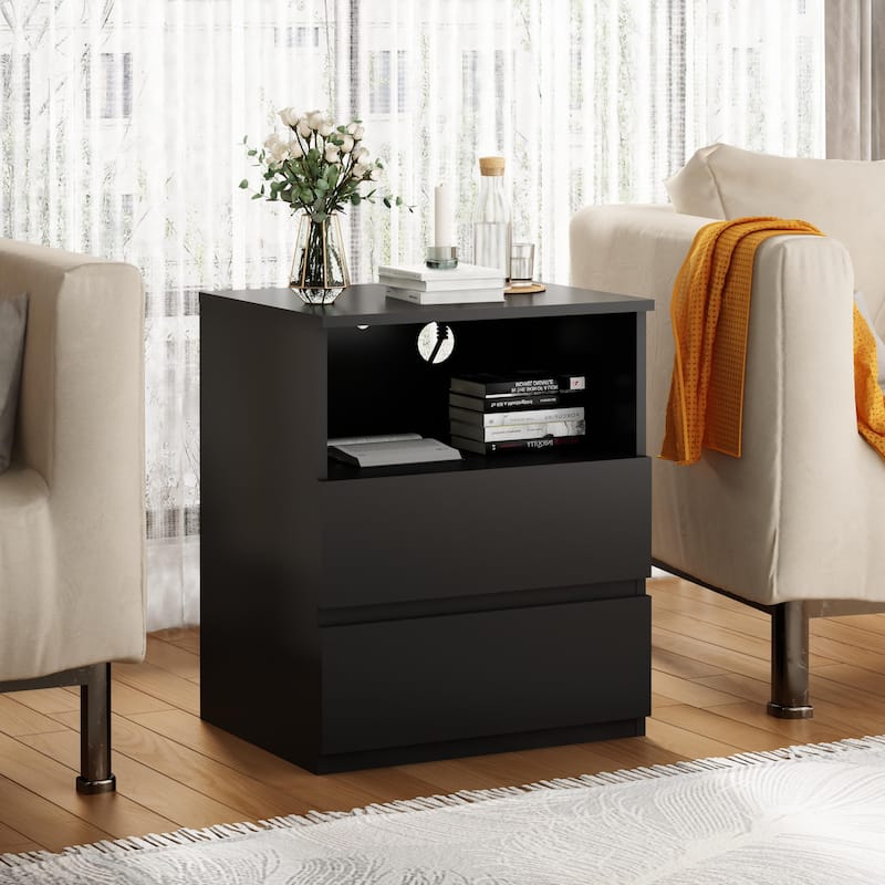 Nightstand with Charging Station, Sofa Side Table with Open Shelves & 2 Drawers, Large Capacity Wood Storage Cabinet