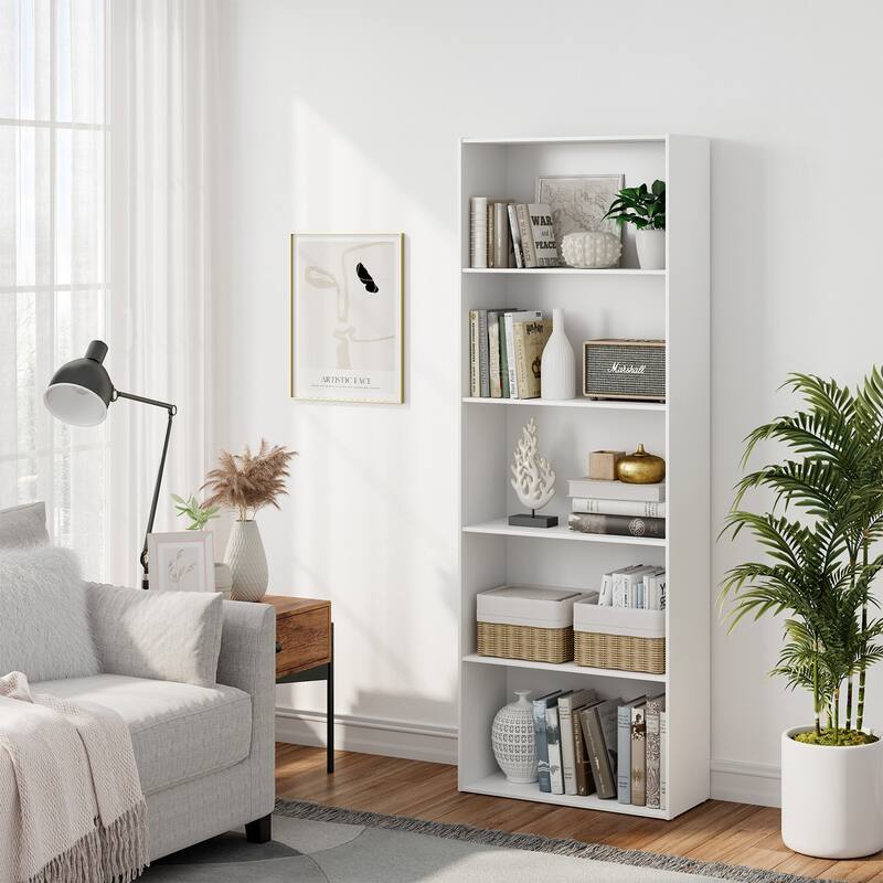 5-Shelf Multi-Functional Wood Bookcase for Home Office - 23.5" x 9.5" x 67" - White