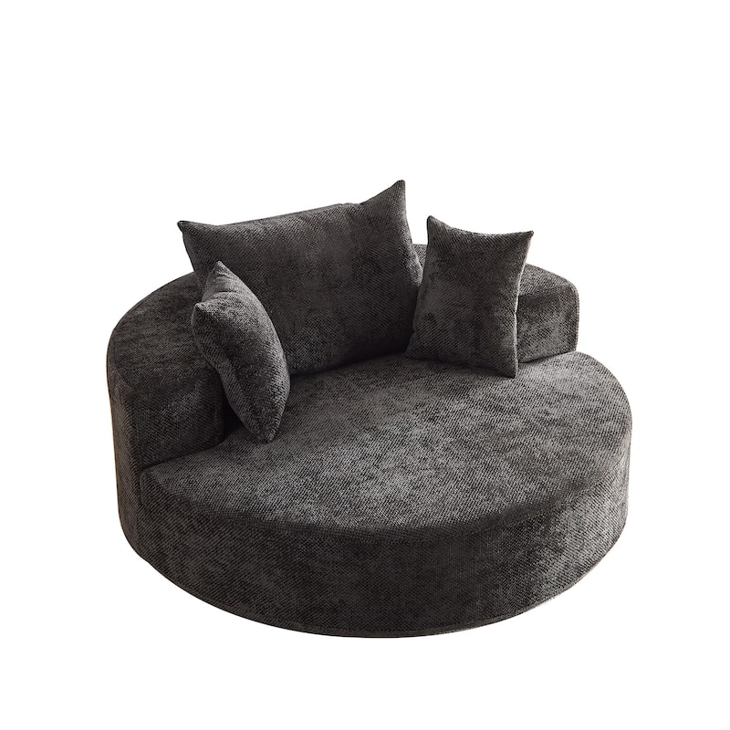 360° Swivel Sofa Chair Chenille Round Single Chaise Lounge with Cylindrical Neck Pillow and Integrated Backrest for Living Room