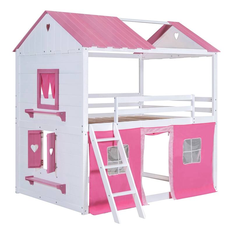 Merax Full/Twin Bunk Wood House Bed with Tent,