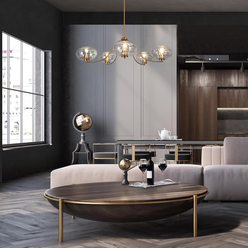 Modern Glam Gold 5-Light Oversized 41.5 in. W Chandelier with Textured Colored Art Glass Shade for Dining Room Bedroom
