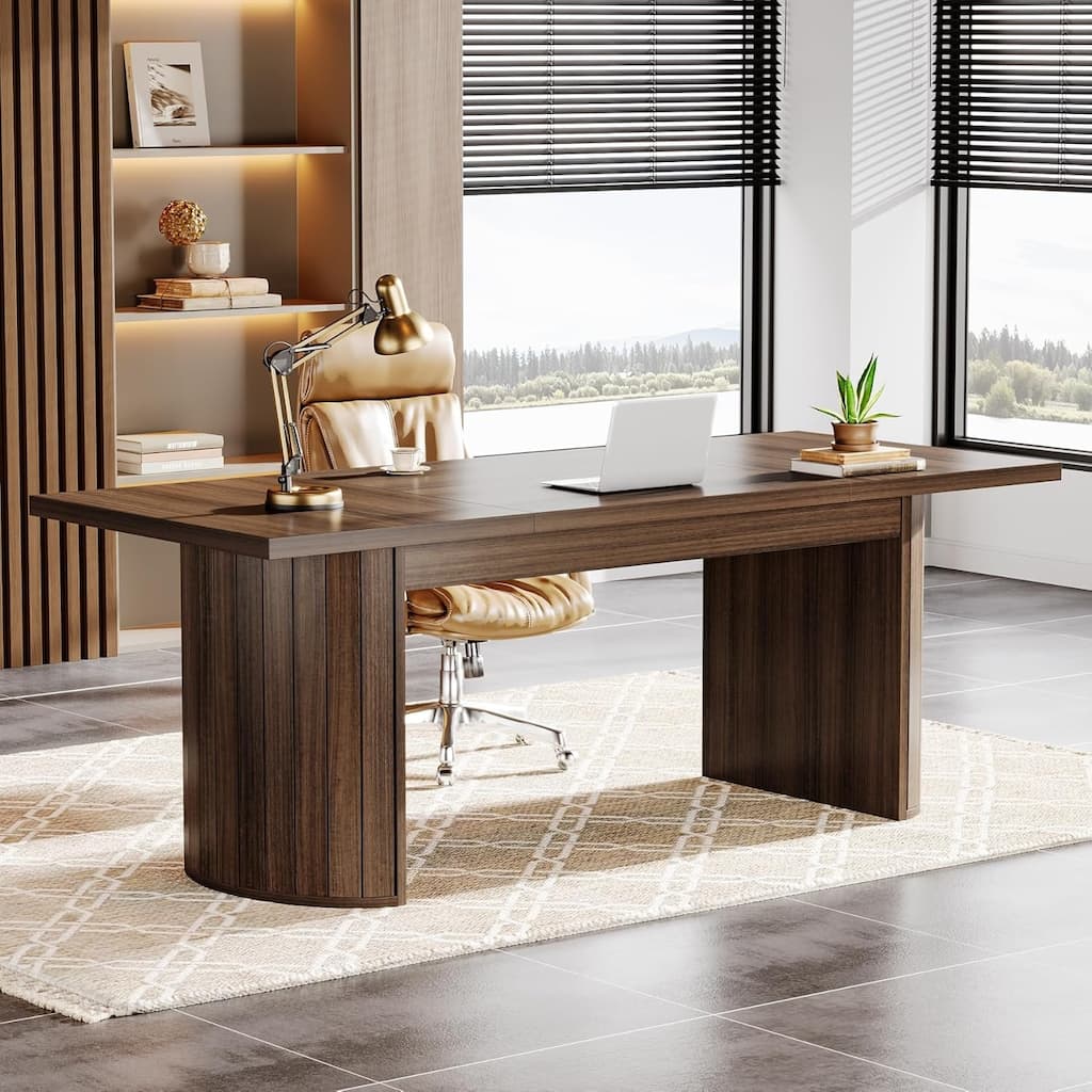Brown Wood 78.7 Inches Long Computer Desk Large Executive Desk