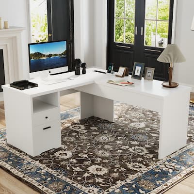 Modern Farmhouse Lift Top L-Shaped Desk with Charge Station, Corner Desk with File Drawers for Home Office