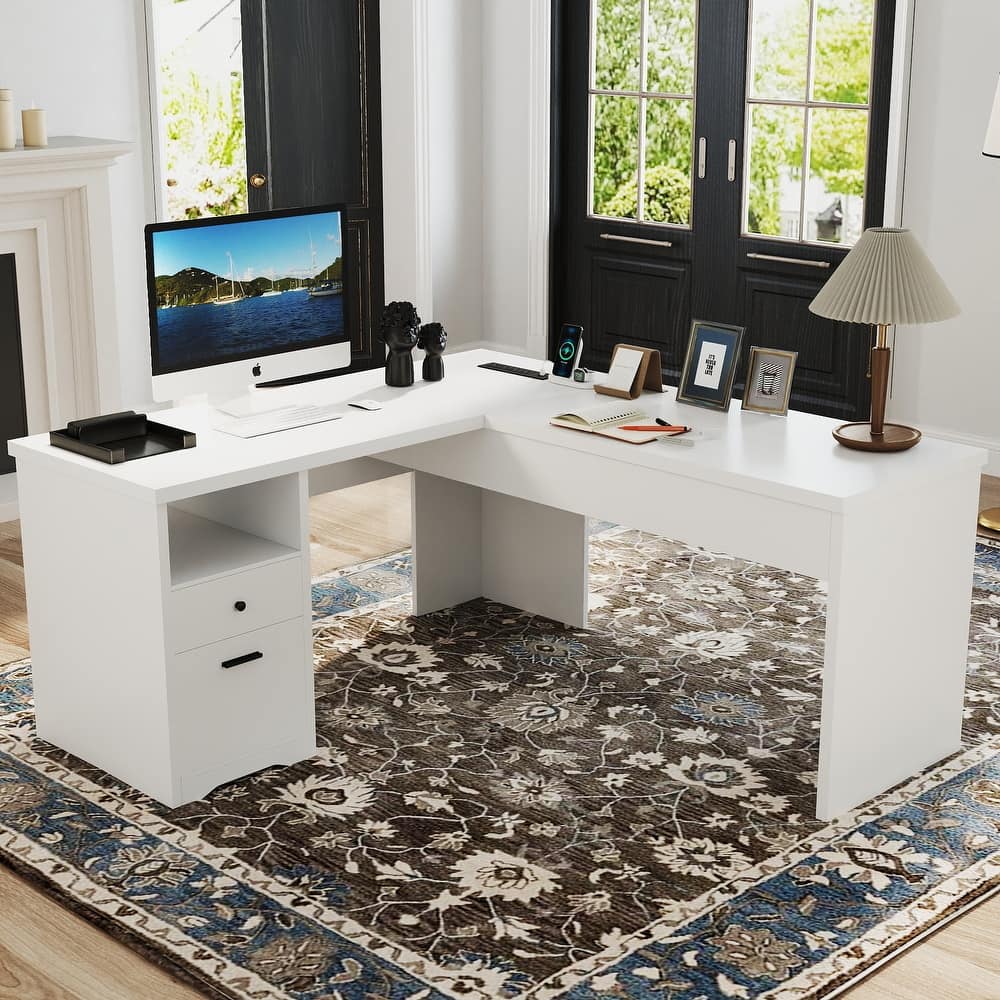 Modern Farmhouse Lift Top L-Shaped Desk with Charge Station, Corner Desk with File Drawers for Home Office