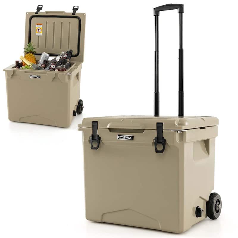 42 Qt Portable Cooler Roto Molded Ice Chest with wheels Handle - Brown