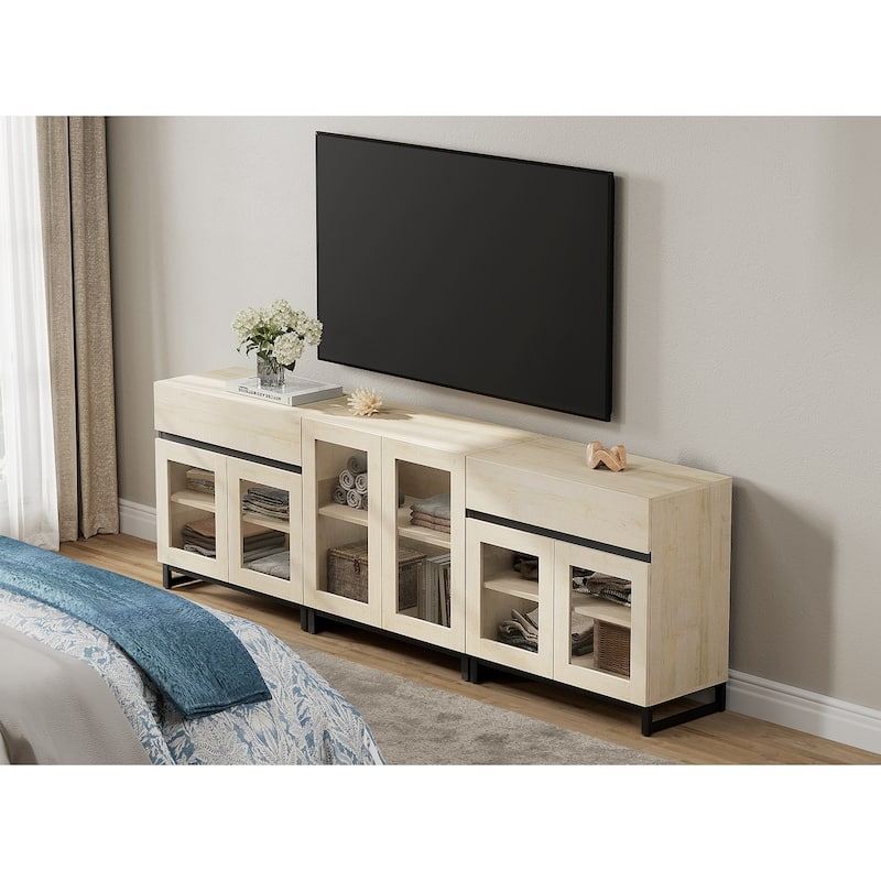 Modern TV Stand for Tvs Up to 100 Inch, 3 In 1 TV Console with Glass Doors and 2 Drawers, Entertainment Center for Living Room