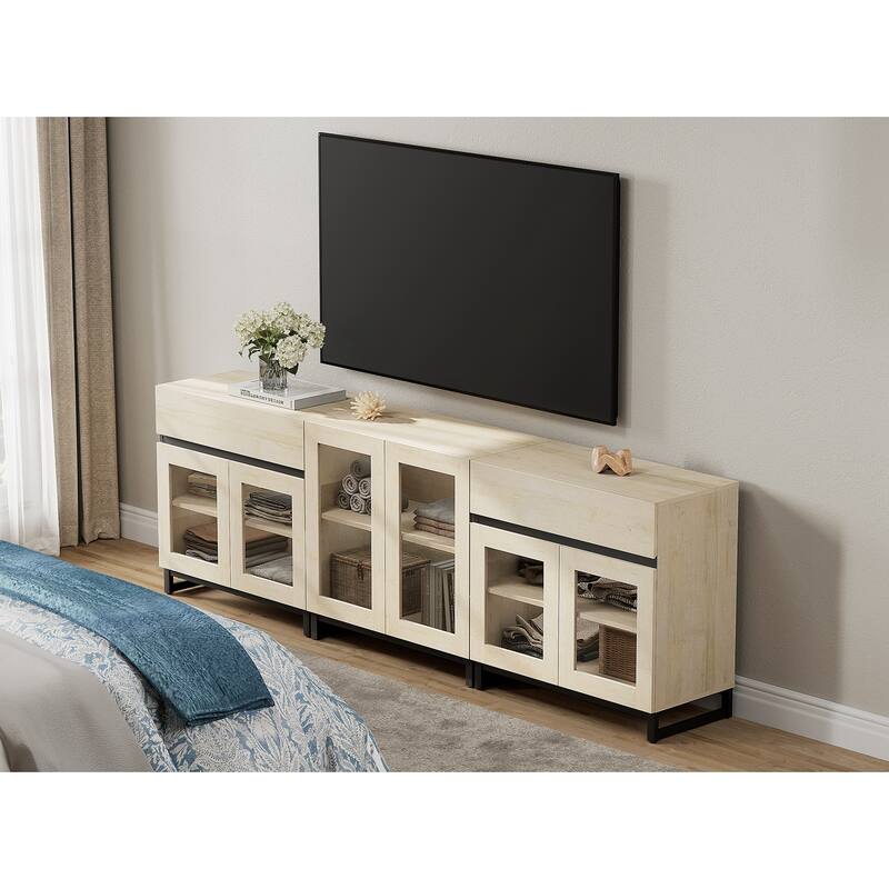 Modern TV Stand for Tvs Up to 100 Inch, 3 In 1 TV Console with Glass Doors and 2 Drawers, Entertainment Centerf or Living Room