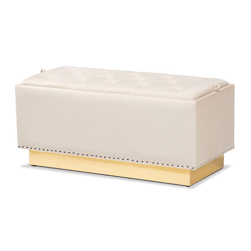 Powell Glam and Luxe Velvet Fabric and Gold PU Leather Storage Ottoman - Beige
