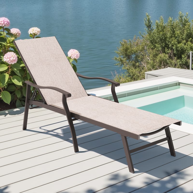 Outdoor Recliner All Weather Aluminum Adjustable Chaise Lounge Chair with Arms - See Picture - Beige