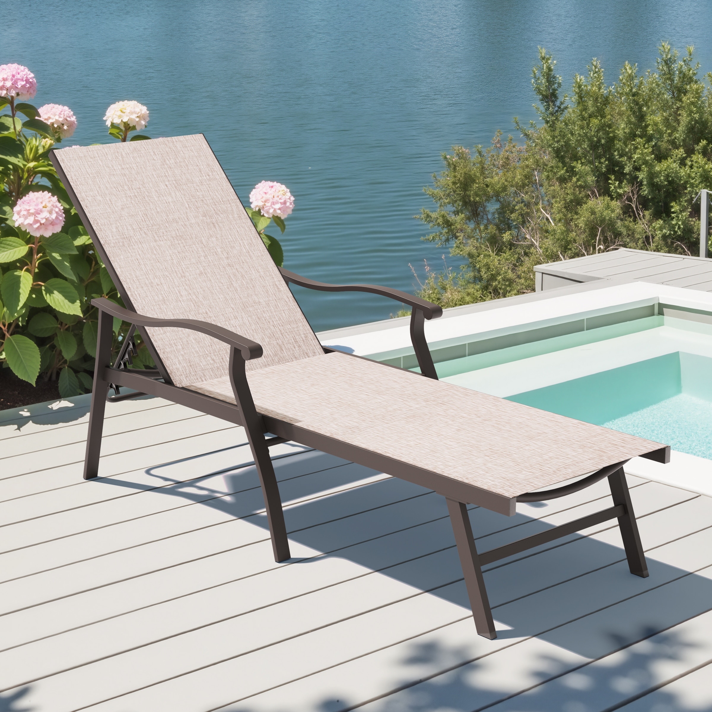 Outdoor All Weather Aluminum Recliner Adjustable Chaise Lounge Chair with Armrest - See Picture