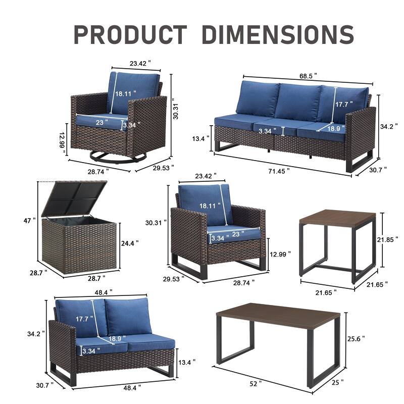 Gymojoy 9 Person Outdoor Courtyard Wicker Family Conversation Set Group With Swivel Chairs And Storage