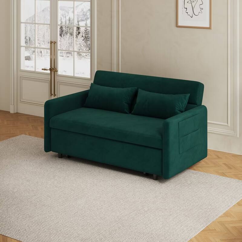 Sofa Pull Out Bed Included 2 Pillows Velvet Sofa for Small Spaces Teal - 74.8"+ 2 Pillows - Green