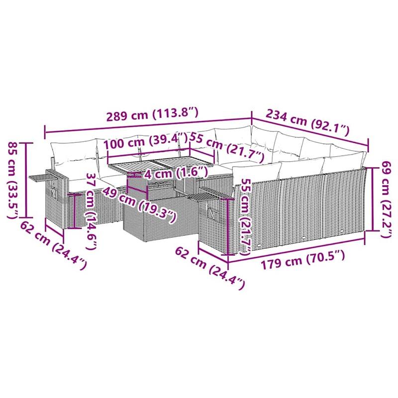 vidaXL Patio Sofa Set with Cushions Table and Sofa Sections 11 Piece Poly Rattan - 21.7 x 39.4 x 28.7