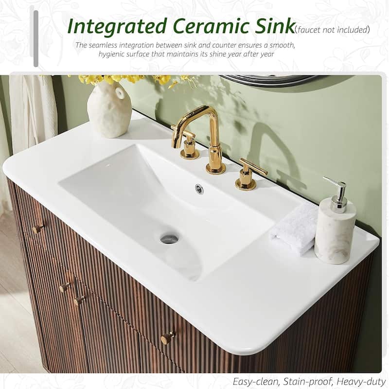 36" Modern Fluted Bathroom Vanity with Sink, Washstand for Kitchen