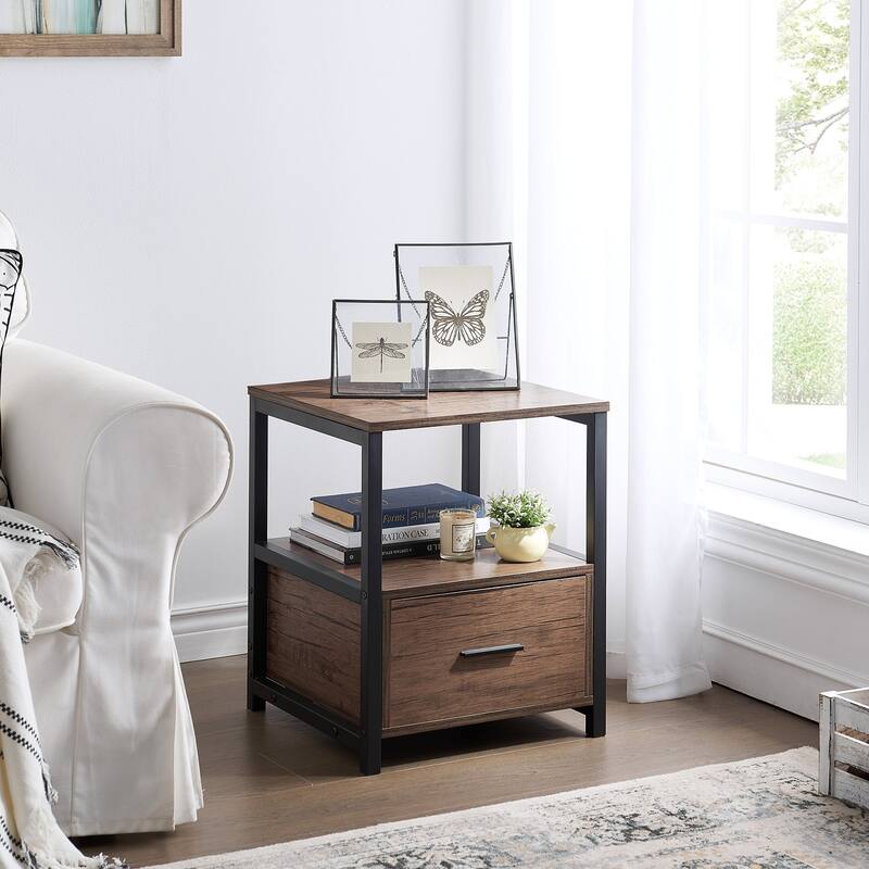 Javlergo Nightstand with Drawer, Bedside Table End Table for Bedroom Dorm Nursery Living Room, Open Storage Shelf