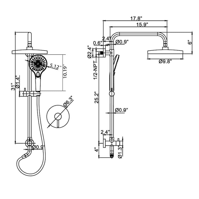 Modland 4-Way High Pressure 10'' Rain Shower Head Black With Adjustable Handheld Shower Head