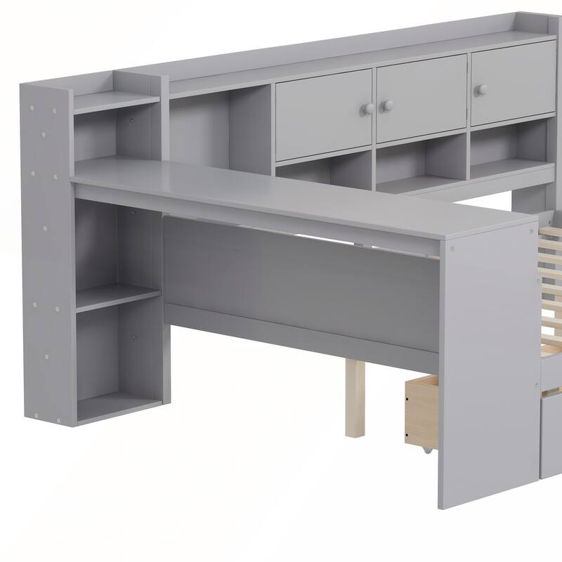 Wooden L-Shape Full Size Daybed with Study Desk and Built-in Bookshelf