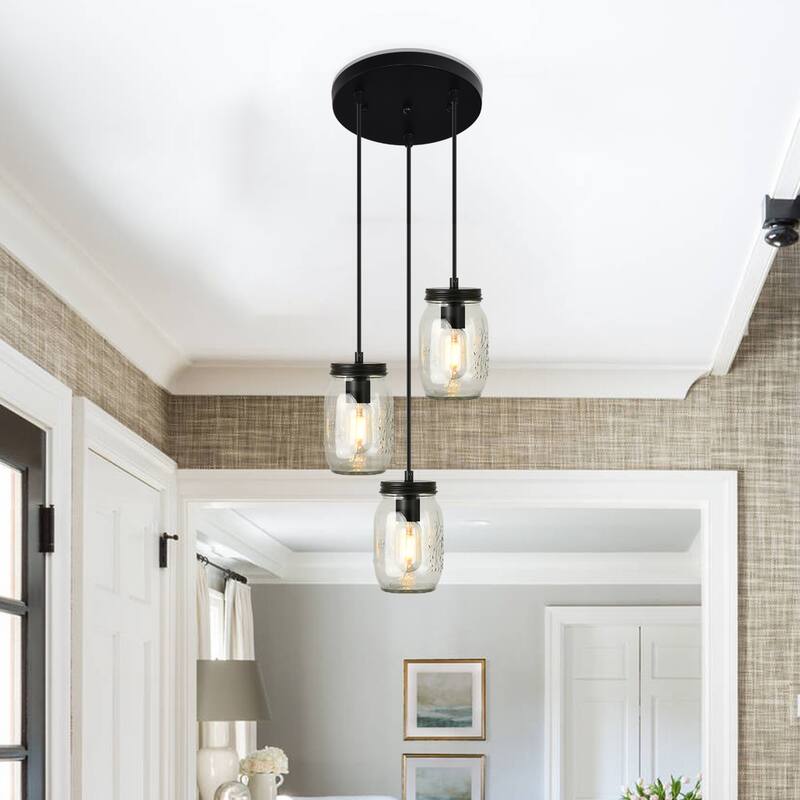 Starsky 3-Light Modern Farmhouse Adjustable Wire Abstract Ceiling Light Cluster Black Mason Jar Chandelier