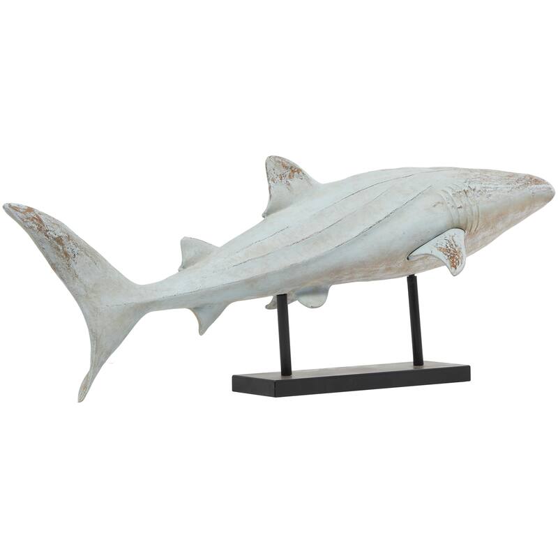 Polystone Shark Distressed Decorative Sculpture with Brown Wood Inspired Accents and Black Stand - Light Blue- Roche River Decor