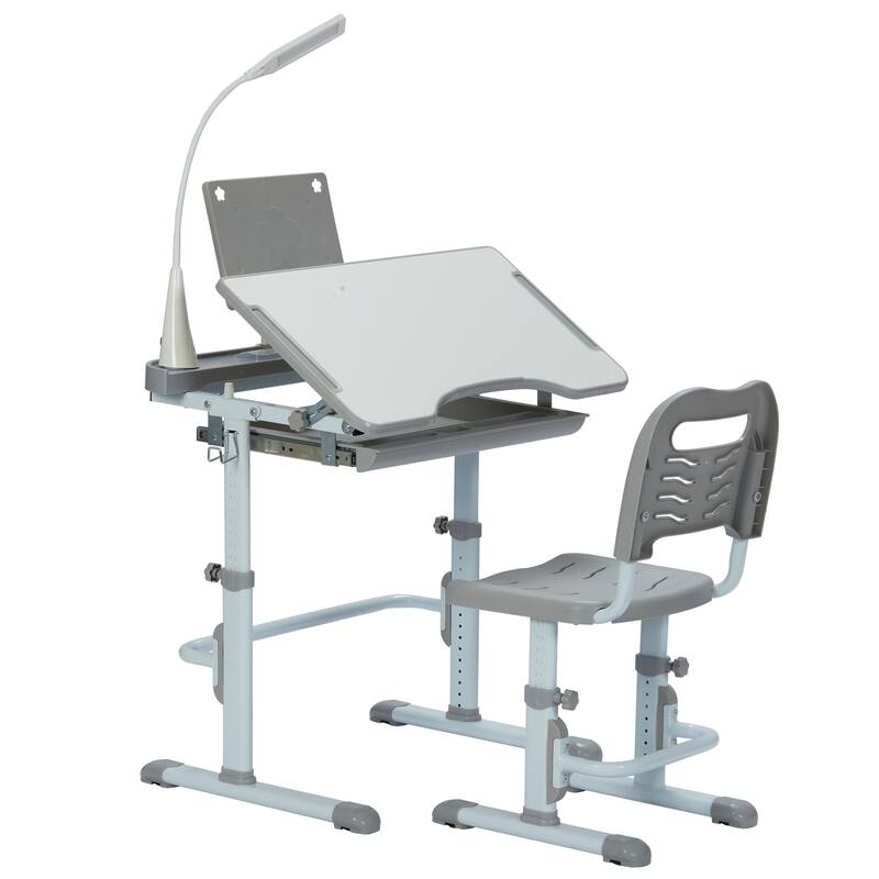 Ukuowu Height Adjustable Child's School Study Kids Desk and Chair Set with Tilt Desktop, LED Light, Storage Drawer, Book Stand - Grey