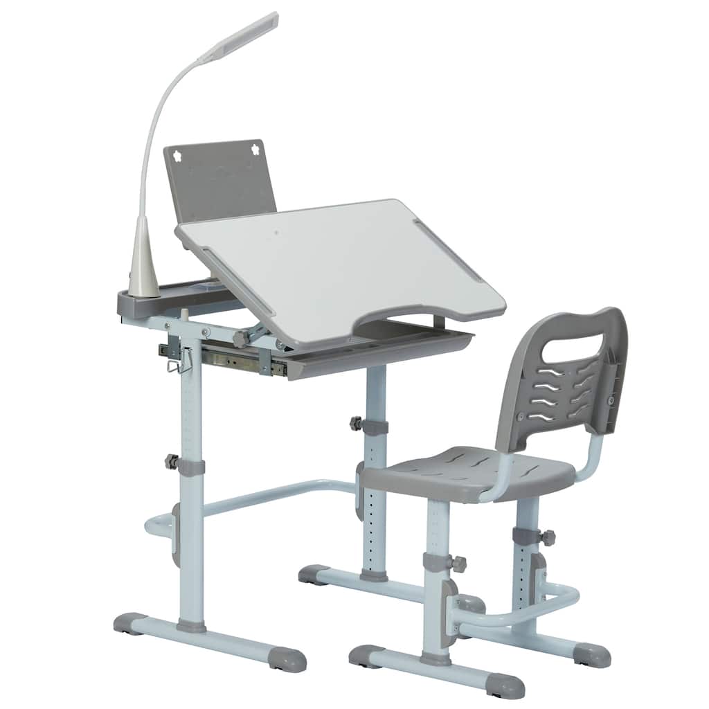 Ukuowu Height Adjustable Child's School Study Kids Desk and Chair Set with Tilt Desktop, LED Light, Storage Drawer, Book Stand