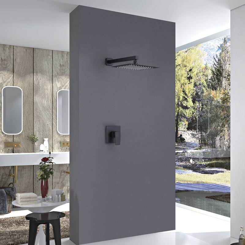Modland Single Handle Matte Black Rain Shower System with 10" Shower Head and Rough-In Valve