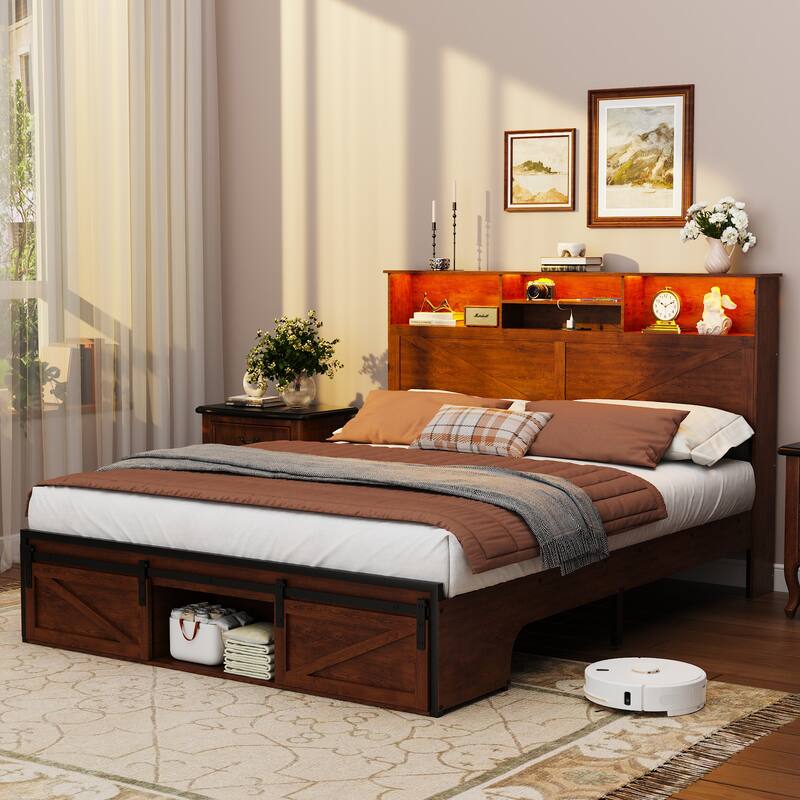 Brown Platform Bed Frame with Charging Station and LED Lights, Open Bookcase Headboard, Sliding Barn Door Storage at the Foot - Brown - Queen