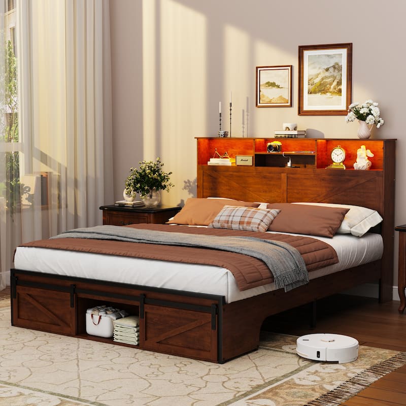Farmhouse Storage Bed Frame with Storage Headboard, Charging Station and LED Lights, Optional Platform Bed with Drawers