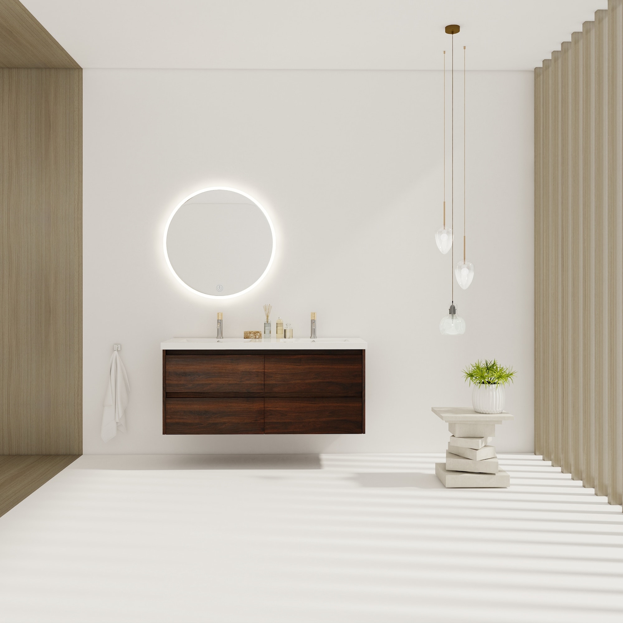 48 inch Plywood Wall-Mounted Bathroom Vanity Set in California Walnut with Double Integrated Resin Sink