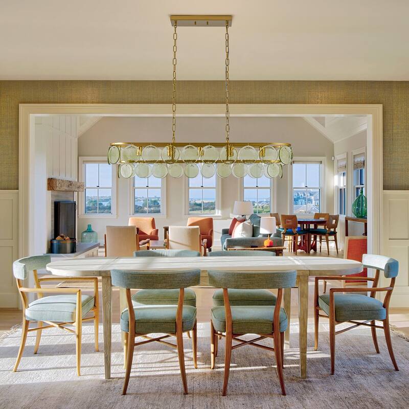 39.76" Modern Dimmable Linear Large Glass Chandelier with Circular Textured Green Glass Shade - W39.8"