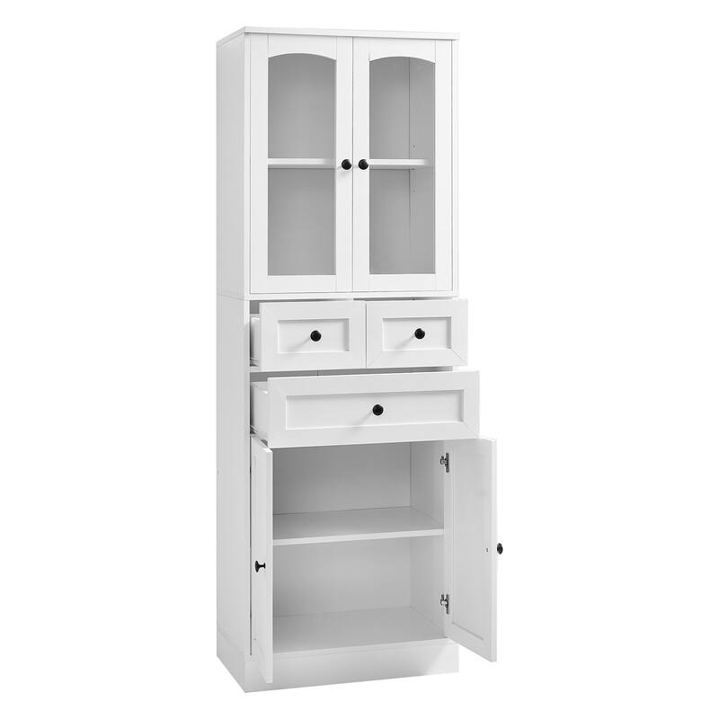 Adjustable Storage Cabinet with Above Glass Door Cabinet and Below Wooden Door Cabinet, Tall Bathroom Cabinet with 3 Drawers