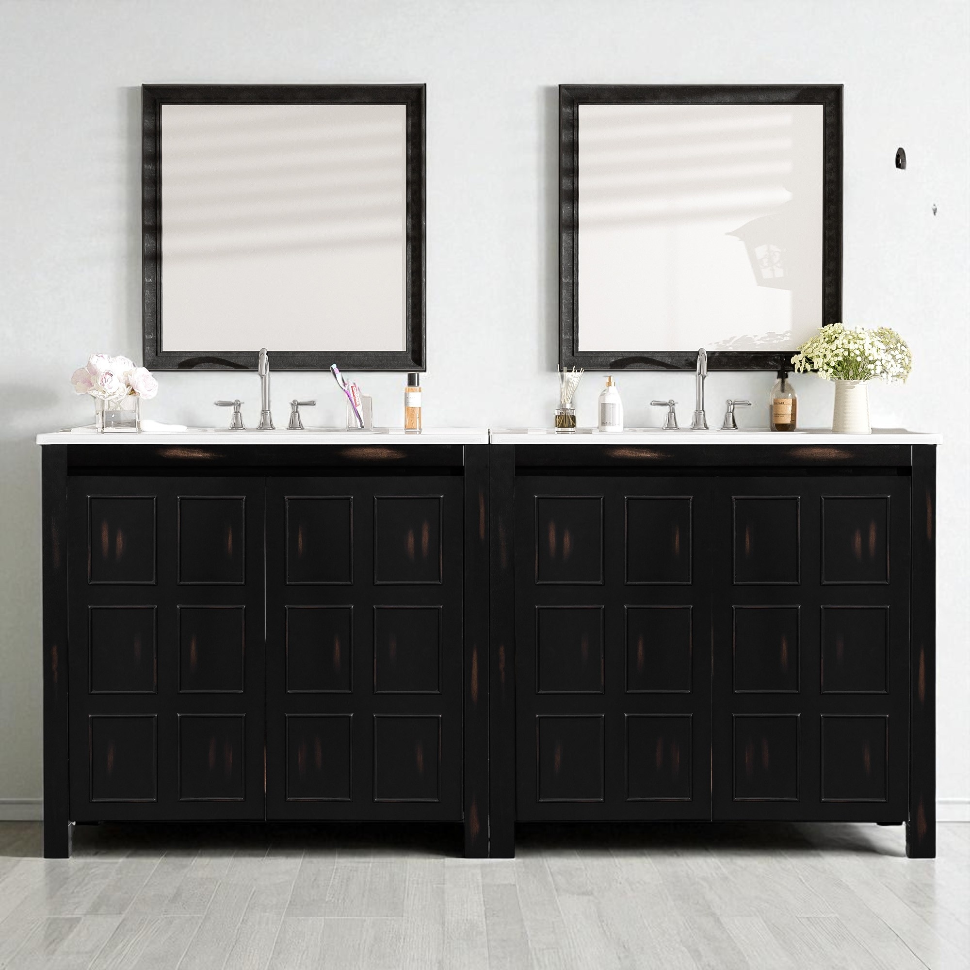 2PC 36" Double Bathroom Vanity with Ceramic Sinks, Solid Wood Frame, Soft-Close Doors, Free-Standing Storage Cabinet