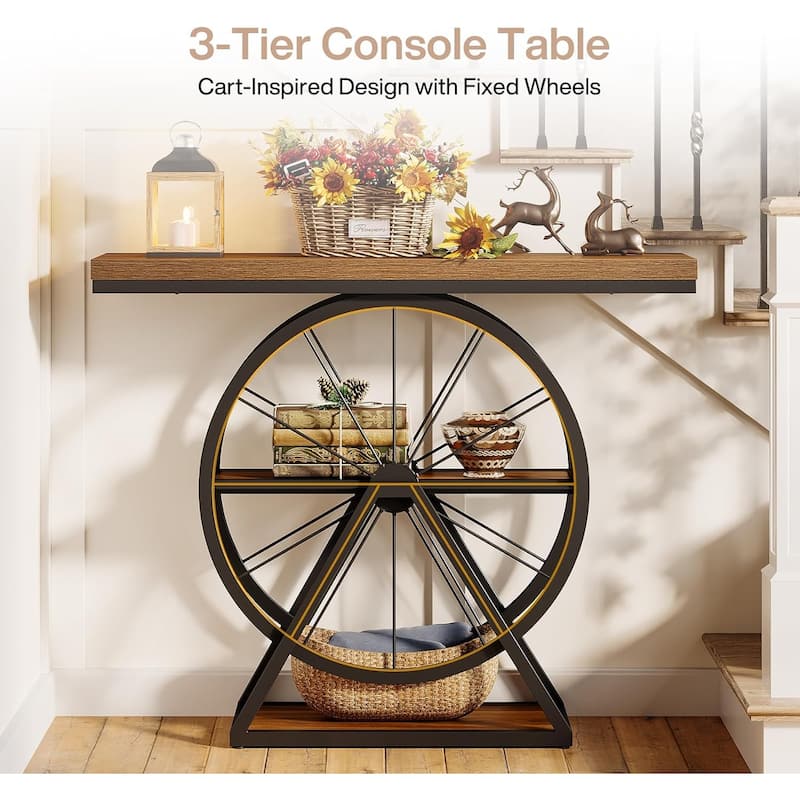 39.4" Console Table, Industrial 3-Tier Entryway Accent Table with Wheel Base - 39.37" L x 11.81" W x 33.46" H