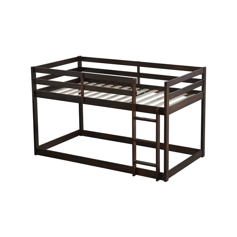 Wooden Twin over Twin Floor Bunk Bed with Ladder, with Bed Platform of Strengthened Slats