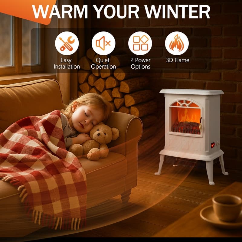 1500W Infrared Electric Fireplace Stove with 2 Heat Settings