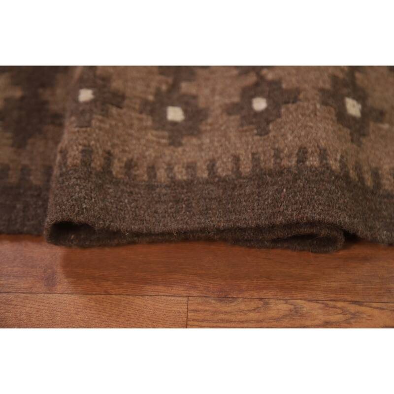 Hand Woven Oriental 100% Wool Carpet Southwestern Geometric Brown Kilim Area Rug - 9' 8'' X 6' 9''