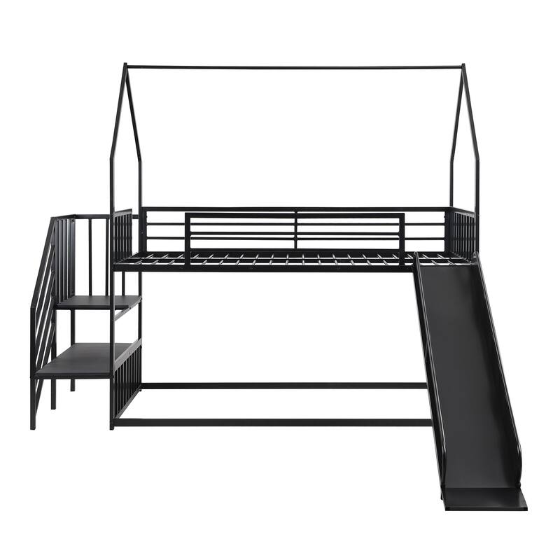 Twin Over Twin Bunk Bed House with Slide and Staircase, Metal Frame for Kids